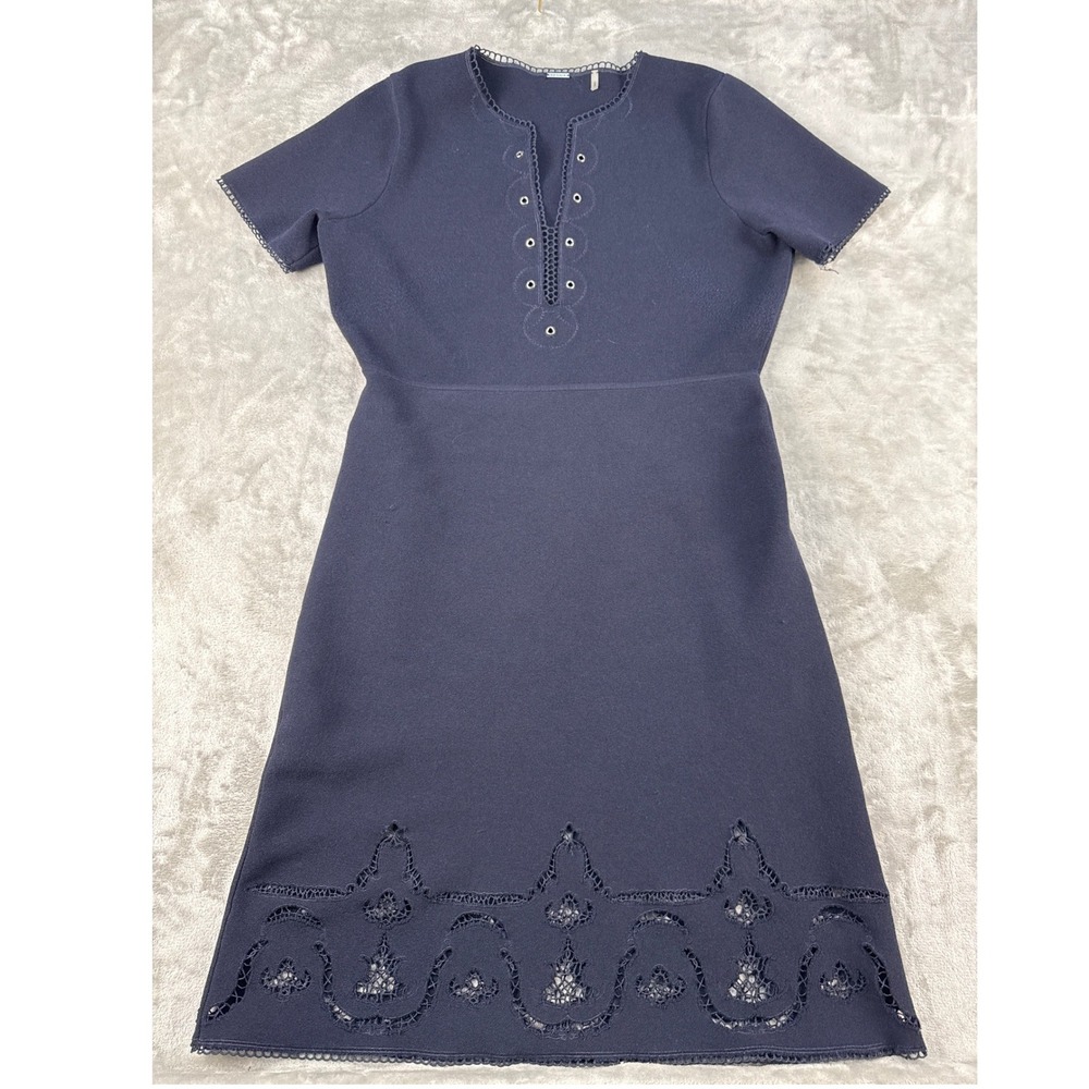 Elie Tahari Dress Womens L Knitted Navy Blue Eyelet Lace Grommet EUC